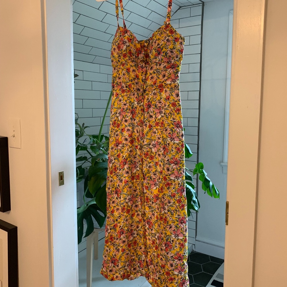 Yellow w Floral print dress - built in bra size small